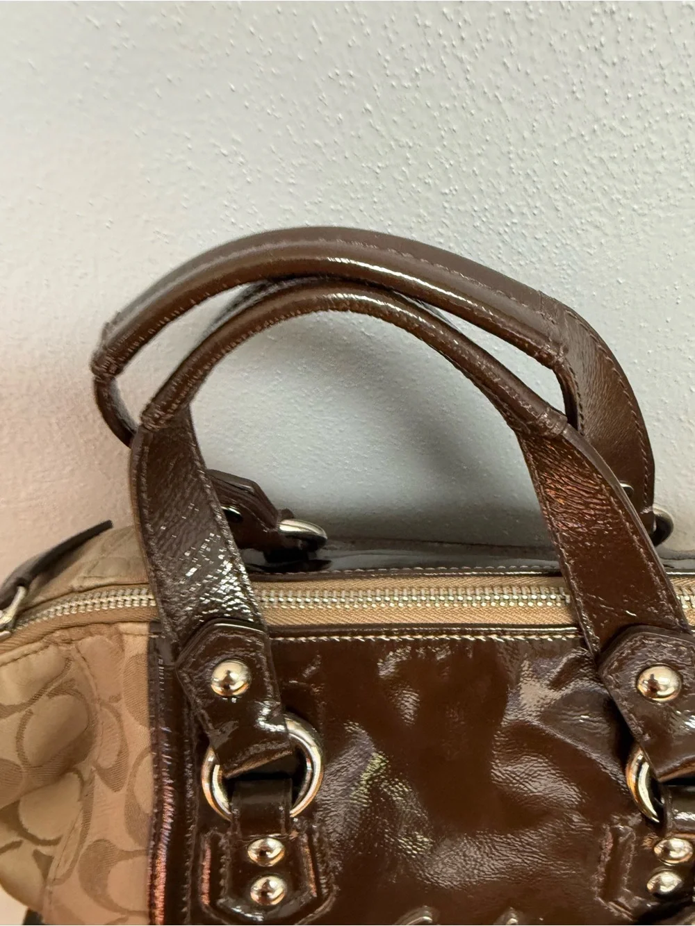Coach Two-Tone Signature Satchel in Brown and Tan
